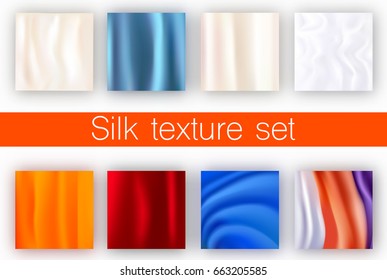 Silk cloth texture set. Contains eight backgrounds. Ivory, blue, white, orange, red, wavy blue and tri color with shadows. Wallpapers. Vector illustration. Made with mesh gradient.