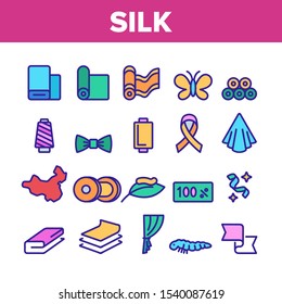Silk Collection Fabric Elements Icons Set Vector Thin Line. Textile And Cotton, Wool And Silk Material, Butterfly And Curtain Concept Linear Pictograms. Color Contour Illustrations