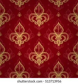 Silk empire seamless pattern with gold regal fleur de lys ornament signs in style of fashion on empire red shaded background. Attractive pattern design for all kinds of surfaces.