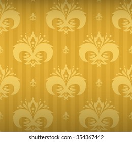 Silk empire seamless pattern with white gold styled flower ornament elements on golden yellow bright striped background. Multipurpose elegant backdrop. Seamless pattern background. Royal seamless.