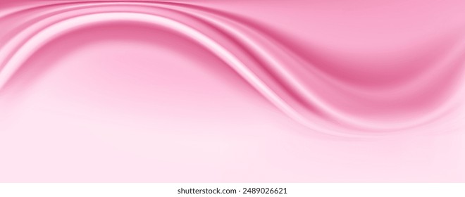 Silk fabric sheet template background realistic vector illustration. Gentle pink wavy satin textile sample 3d color image upper view