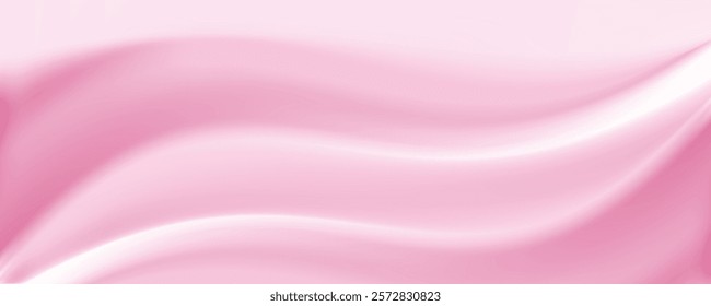 Silk fabric sheet template background realistic vector illustration. Gentle pink wavy satin textile sample 3d color image upper view