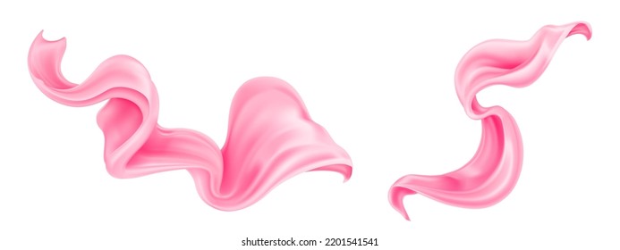 Silk flying cloth, pink satin ribbon, fabric or scarf, waving curtain, material in blowing wind. Luxury textile drapery, floating tissue isolated on white background, Realistic 3d vector illustration