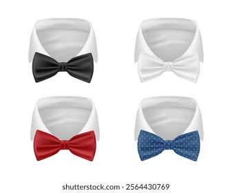 Silk glossy textile bowtie, realistic classic decoration for gentleman suit. Vector clothes and accessories for special and occasional events, men fashion. Isolated shirt collars and bows mockup