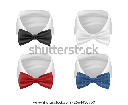 Silk glossy textile bowtie, realistic classic decoration for gentleman suit. Vector clothes and accessories for special and occasional events, men fashion. Isolated shirt collars and bows mockup