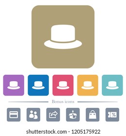Silk hat white flat icons on color rounded square backgrounds. 6 bonus icons included