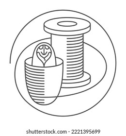 Silk icon - silkworm cocoon and thread spool. Isolated pictogram in thin line