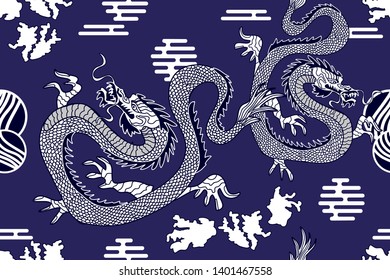 Silk kimono print with dragons. Seamless vector pattern inspired by Asian art. On blue background.