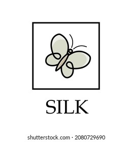 Silk logo. 100% pure natural silk badge for clothing. Silkworm butterfly silhouette with thin lines symbol.