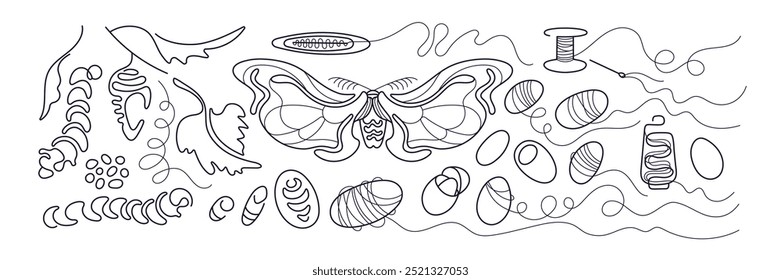 Traça de seda, vermes, larva, lagarta, casulos. Ilustração do ciclo de vida da borboleta. Fios finos para design têxtil. Coleção de linhas contínuas vetoriais isoladas no plano de fundo branco. Traçado editável