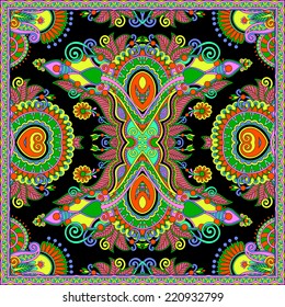 silk neck scarf or kerchief square pattern design in ukrainian karakoko style for print on fabric, vector illustration
