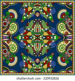 silk neck scarf or kerchief square pattern design in ukrainian karakoko style for print on fabric, vector illustration