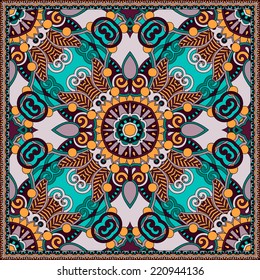 silk neck scarf or kerchief square pattern design in ukrainian karakoko style for print on fabric, vector illustration