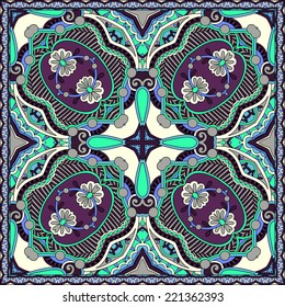 silk neck scarf or kerchief square pattern design in ukrainian karakoko style for print on fabric, vector illustration