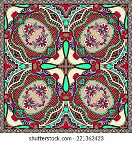 silk neck scarf or kerchief square pattern design in ukrainian karakoko style for print on fabric, vector illustration