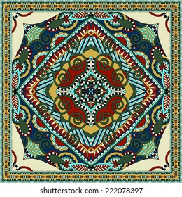 silk neck scarf or kerchief square pattern design in ukrainian karakoko style for print on fabric, vector illustration