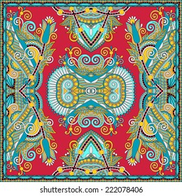silk neck scarf or kerchief square pattern design in ukrainian karakoko style for print on fabric, vector illustration