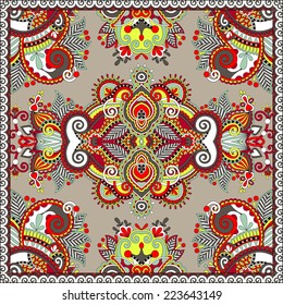 silk neck scarf or kerchief square pattern design in ukrainian karakoko style for print on fabric, vector illustration