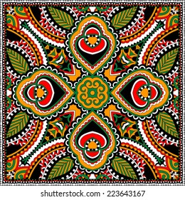 silk neck scarf or kerchief square pattern design in ukrainian karakoko style for print on fabric, vector illustration