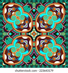 silk neck scarf or kerchief square pattern design in ukrainian karakoko style for print on fabric, vector illustration