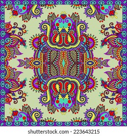 silk neck scarf or kerchief square pattern design in ukrainian karakoko style for print on fabric, vector illustration