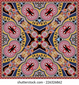 silk neck scarf or kerchief square pattern design in ukrainian karakoko style for print on fabric, vector illustration