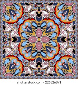 silk neck scarf or kerchief square pattern design in ukrainian karakoko style for print on fabric, vector illustration