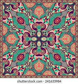 silk neck scarf or kerchief square pattern design in ukrainian karakoko style for print on fabric, vector illustration