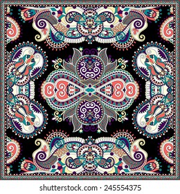 silk neck scarf or kerchief square pattern design in ukrainian karakoko style for print on fabric, vector illustration