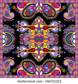 silk neck scarf or kerchief square pattern design in ukrainian karakoko style for print on fabric, vector illustration