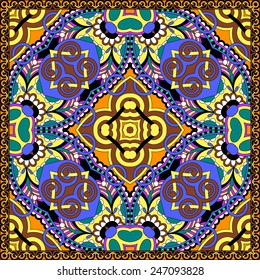 silk neck scarf or kerchief square pattern design in ukrainian karakoko style for print on fabric, vector illustration