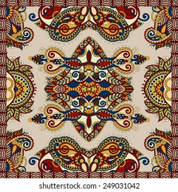 silk neck scarf or kerchief square pattern design in ukrainian style for print on fabric, vector illustration in beige colour