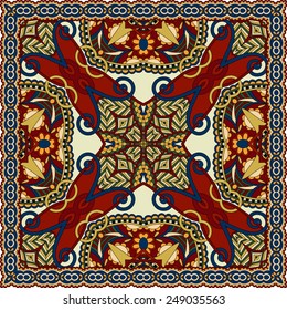 silk neck scarf or kerchief square pattern design in ukrainian style for print on fabric, vector illustration in beige colour