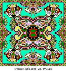 silk neck scarf or kerchief square pattern design in Ukrainian karakoko style for print on fabric, vector illustration