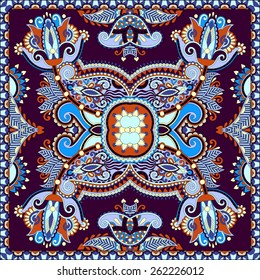 silk neck scarf or kerchief square pattern design in ukrainian karakoko style for print on fabric, vector illustration