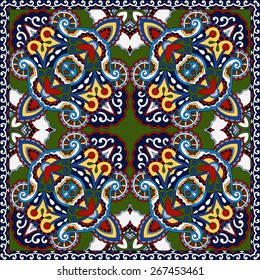 silk neck scarf or kerchief square pattern design in ukrainian karakoko style for print on fabric, vector illustration