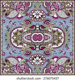 silk neck scarf or kerchief square pattern design in ukrainian karakoko style for print on fabric, vector illustration
