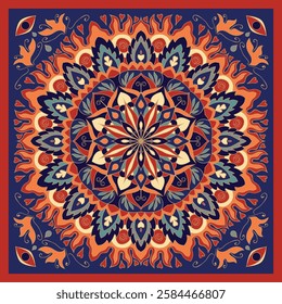 Silk neck scarf with a mandala and frame. Vector design for a neckerchief, carpet, kerchief, bandana, shawl, tablecloth. Traditional ethnic pattern.