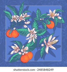 silk neckerchief, scarf womens with hand drawn flowers and fruits oranges as well as silhouettes of leaves 