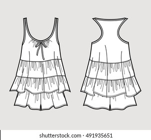 Silk pajama set. Romantic top and shorts. Isolated vector. Front and back views.
