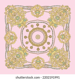 Silk print on pink background, gold chain and cable, gold beads frieze, baroque scrolls. Scarf, carpet.illustration