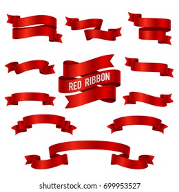 Silk Red 3d Ribbon Banners Vector Set Isolated. Illustration Of Red Ribbon Collection For Decoration Swirl