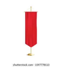 Silk red banner hanging on long golden pole - colorful medieval flag with pointed end with blank copy space and realistic fabric texture. Isolated vector illustration