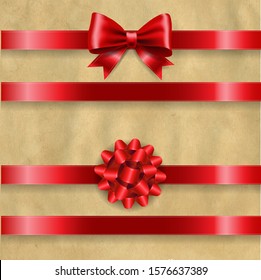 Silk Red Bow Set And Retro Paper Background With Gradient Mesh, Vector Illustration