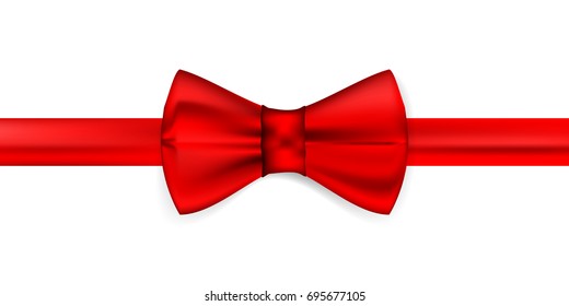 Silk red ribbon with a bow. Realistic red bow tie, vector illustration, isolated on white background. Elegant silk neck bow. Realistic red bow tie