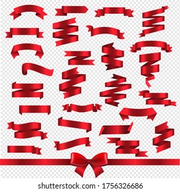 Silk Red Ribbons Isolated Transparent Background With Gradient Mesh, Vector Illustration