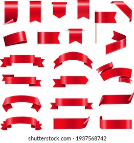 Шелковые красные ленты и бирки белый фон с градиентной сеткой, векторная иллюстрация
