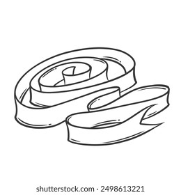 Silk ribbon roll line icon. Hand drawn retro coil spool of long tissue tape for sewing, satin bow of birthday gift decoration. Tailoring mascot, doodle curls of ribbon icon vector illustration