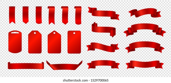 Silk ribbons. Red ribbons badges vector set. Realistic banners and price tags isolated on transparent background