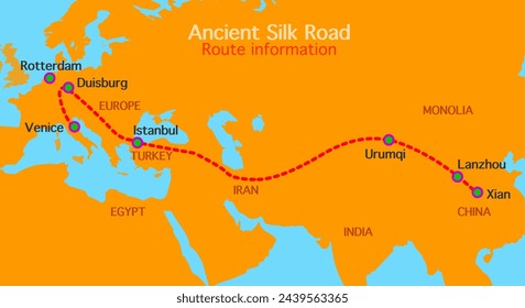 Silk road ancient route, information. China to europa, east to west, Persia, Iran, Turkey, italy, xian istanbul, rotterdam, venice countrys. Vector illustration